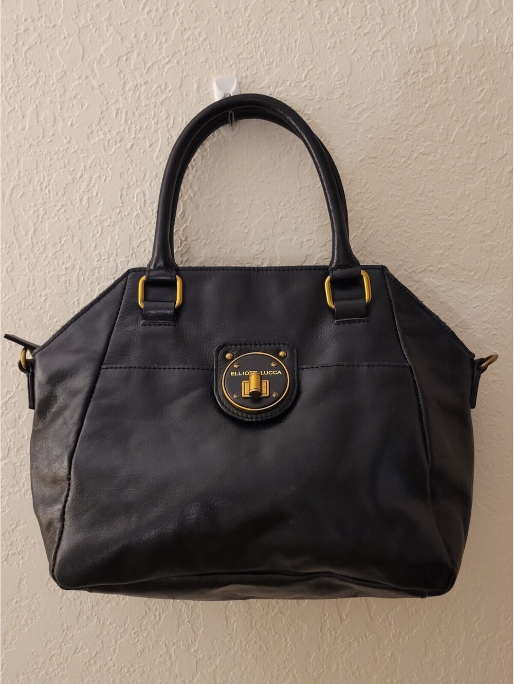 Elliott Lucca Black Satchel with Brass Accents Hardwear. Genuine Leather Pockets